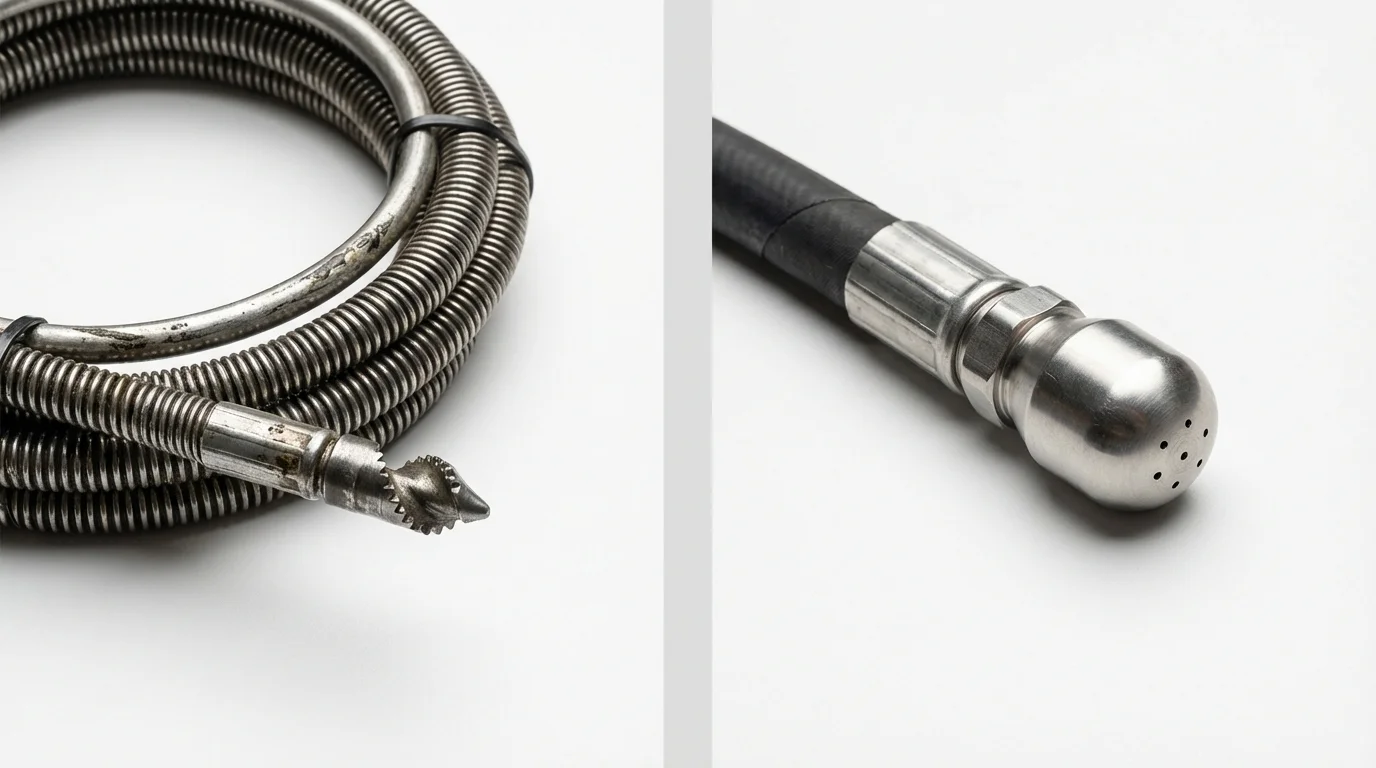 Drain snake cable and hydro jetting nozzle used for drain cleaning in Ashton, ID