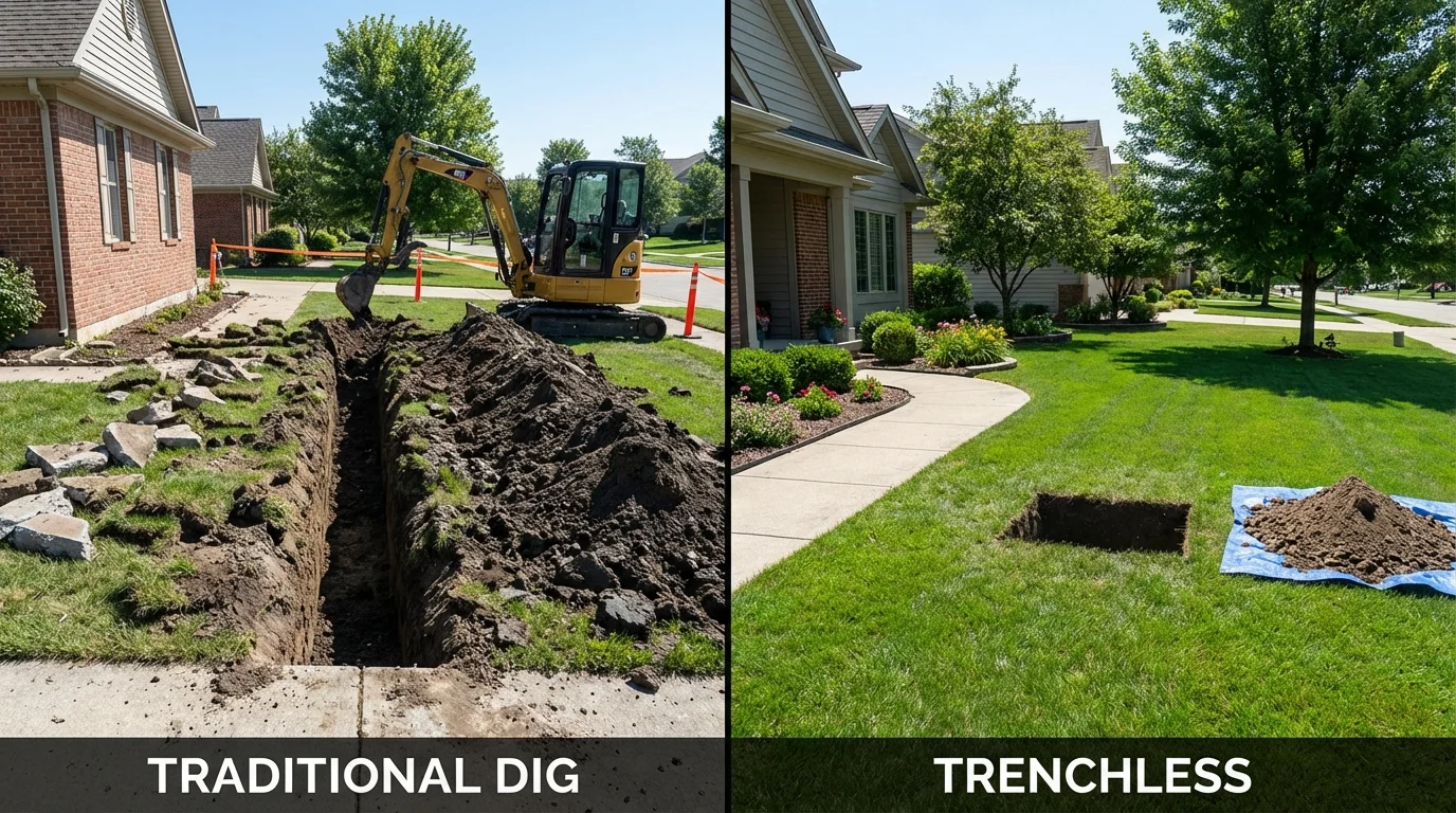 Trenchless sewer repair with minimal yard damage versus traditional excavation in Ashton, ID