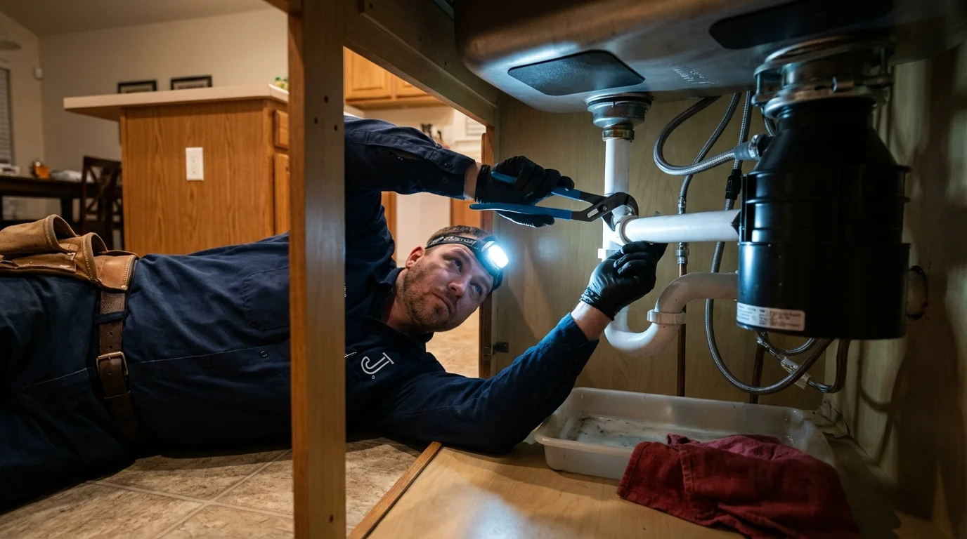 P-trap and supply line connections under a kitchen sink showing a common leak point in Ashton, ID